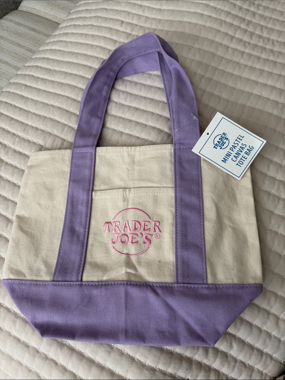 Trader Joe's Cream and Lavender Canvas Tote Bag